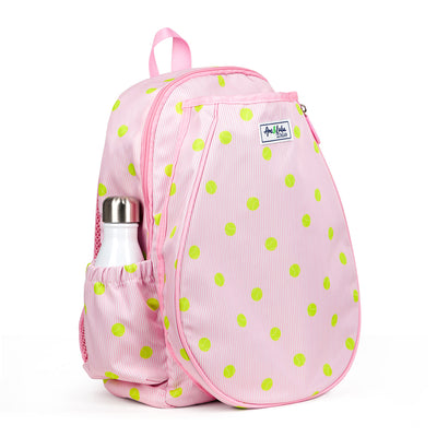 Kids tennis backpack with front pocket to hold tennis racquet. Bag is printed with a pink and white striped pattern and repeating tennis balls on the stripes.