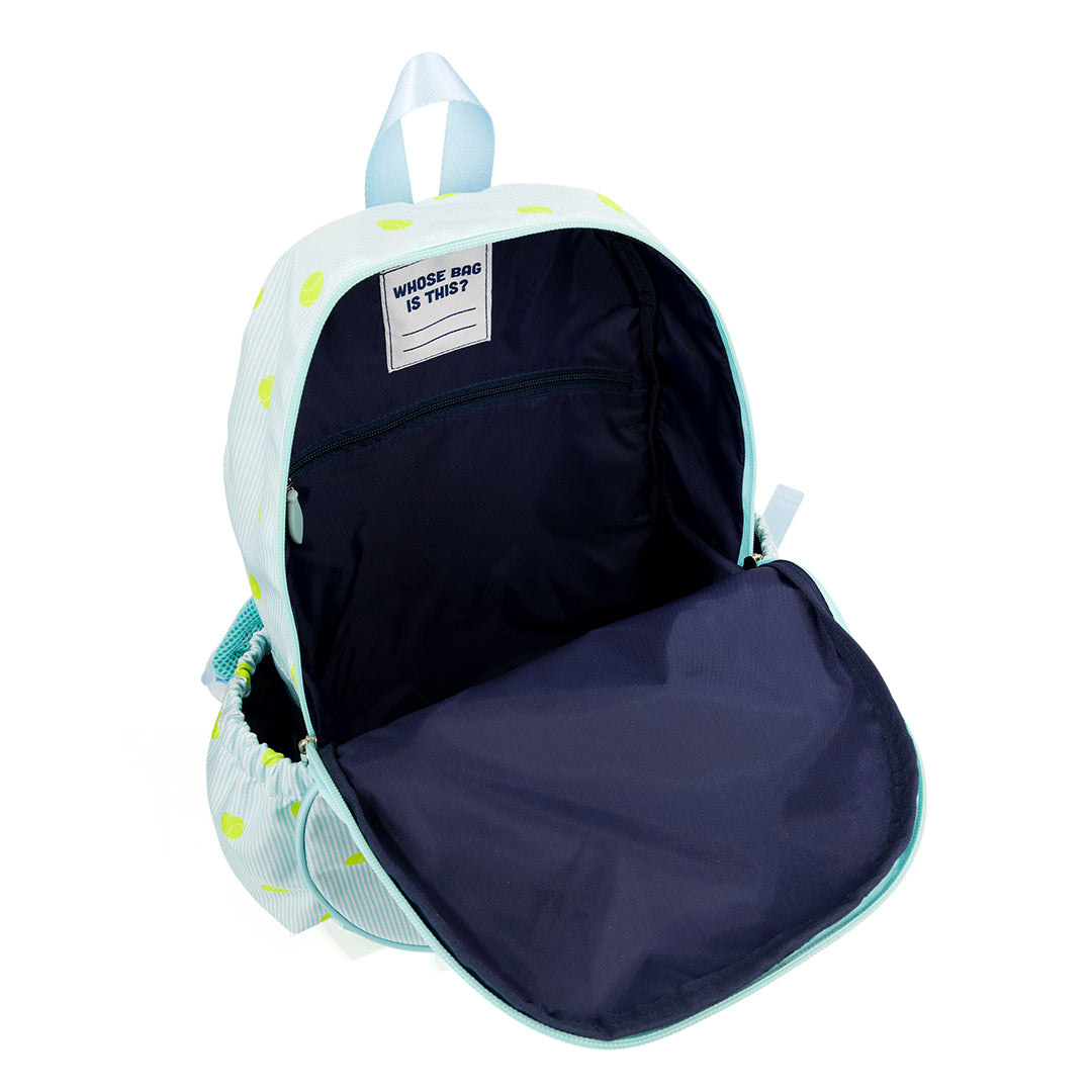 Kids tennis backpack with front pocket to hold tennis racquet. Bag is printed with a blue and white striped pattern and repeating tennis balls on the stripes.