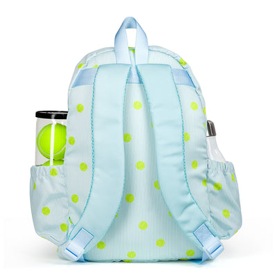 Kids tennis backpack with front pocket to hold tennis racquet. Bag is printed with a blue and white striped pattern and repeating tennis balls on the stripes.