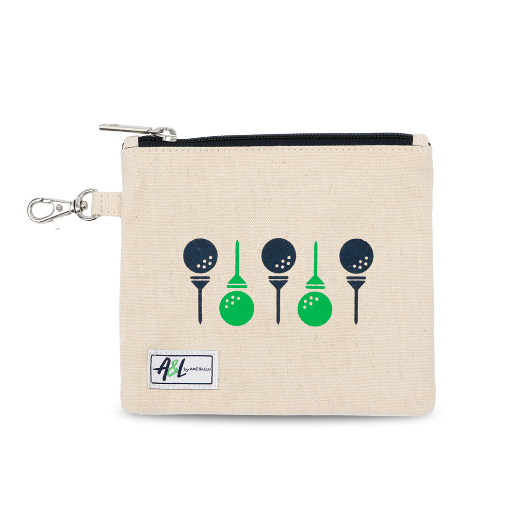small tan canvas tee pouch with navy and green golf ball and tees printed on front