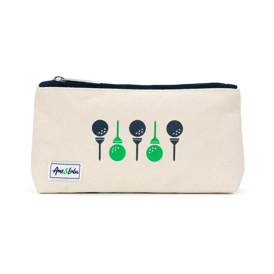 small tan canvas makeup pouch with navy and green golf ball and tees printed on front