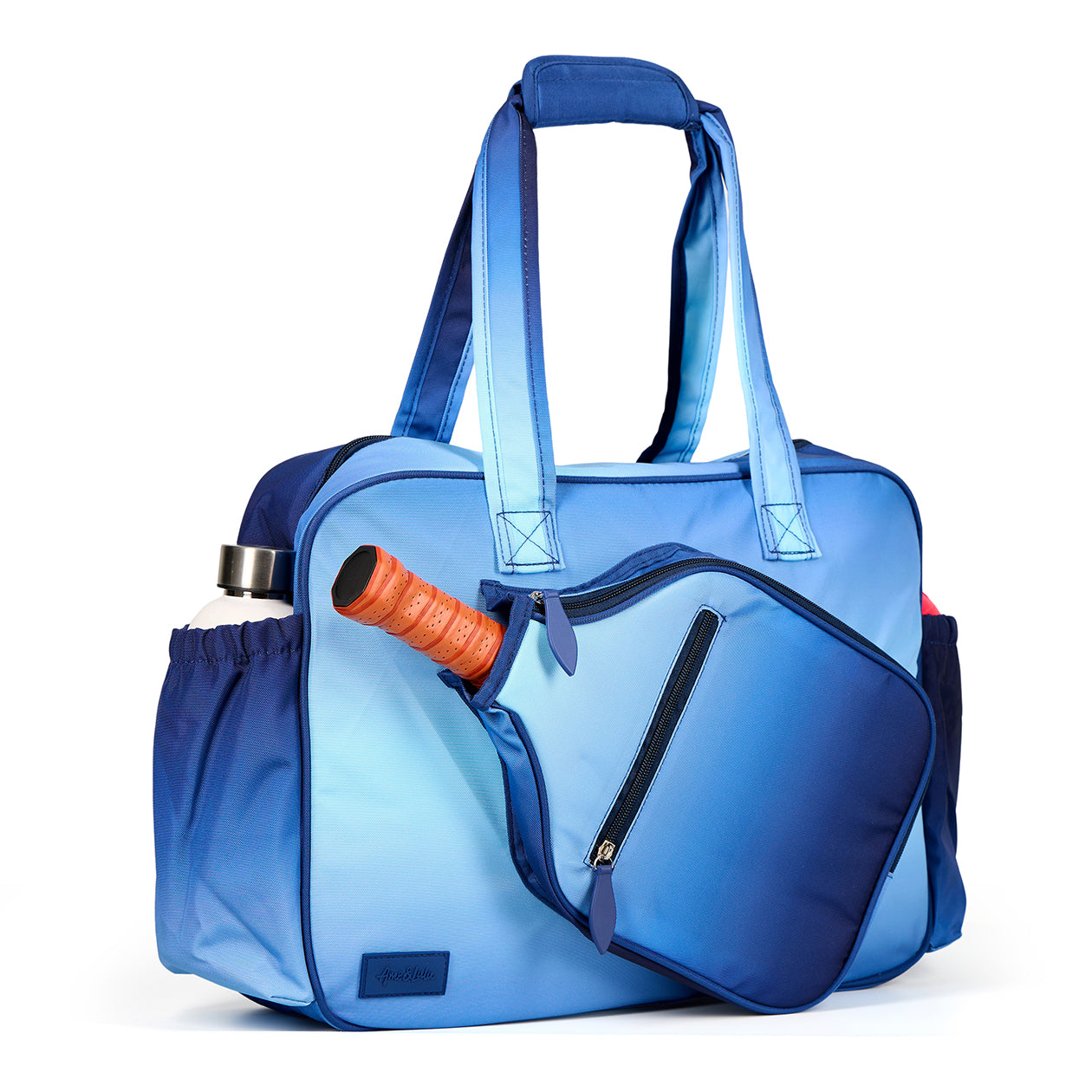 side view of navy ombre pattern pickleball tote
