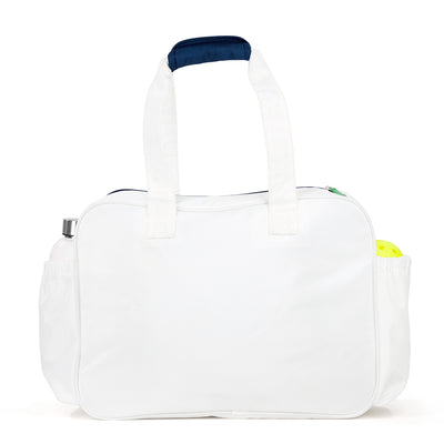 Back view of white pickleball tote with navy trim and green zipper pulls. Tote had front paddle pocket.