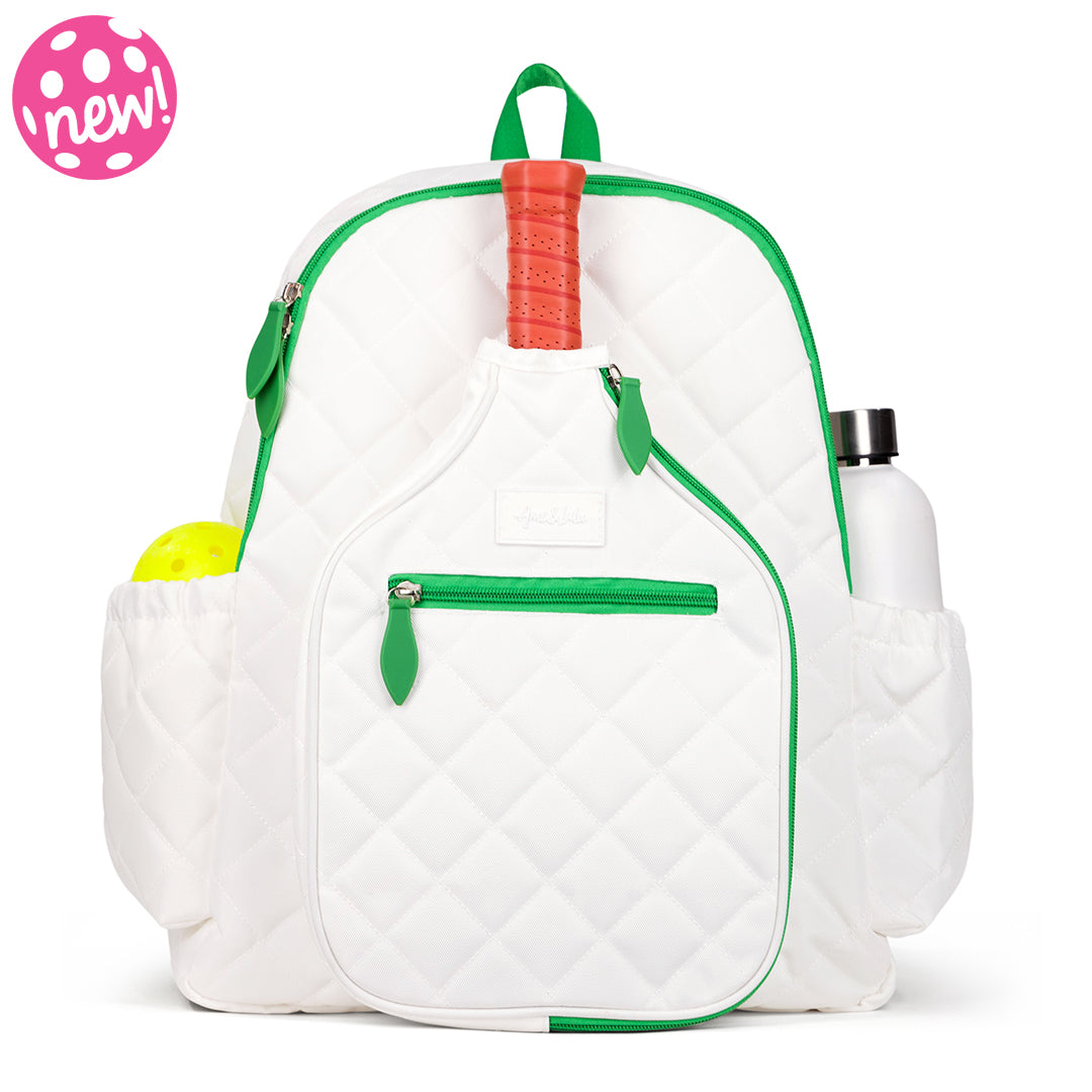Front view of pickleball backpack with white quilted nylon fabric. Backpack has green trim and front paddle pocket. 