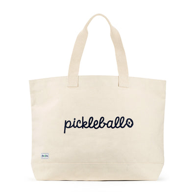 canvas tote bag with navy stitching that says "pickleball"