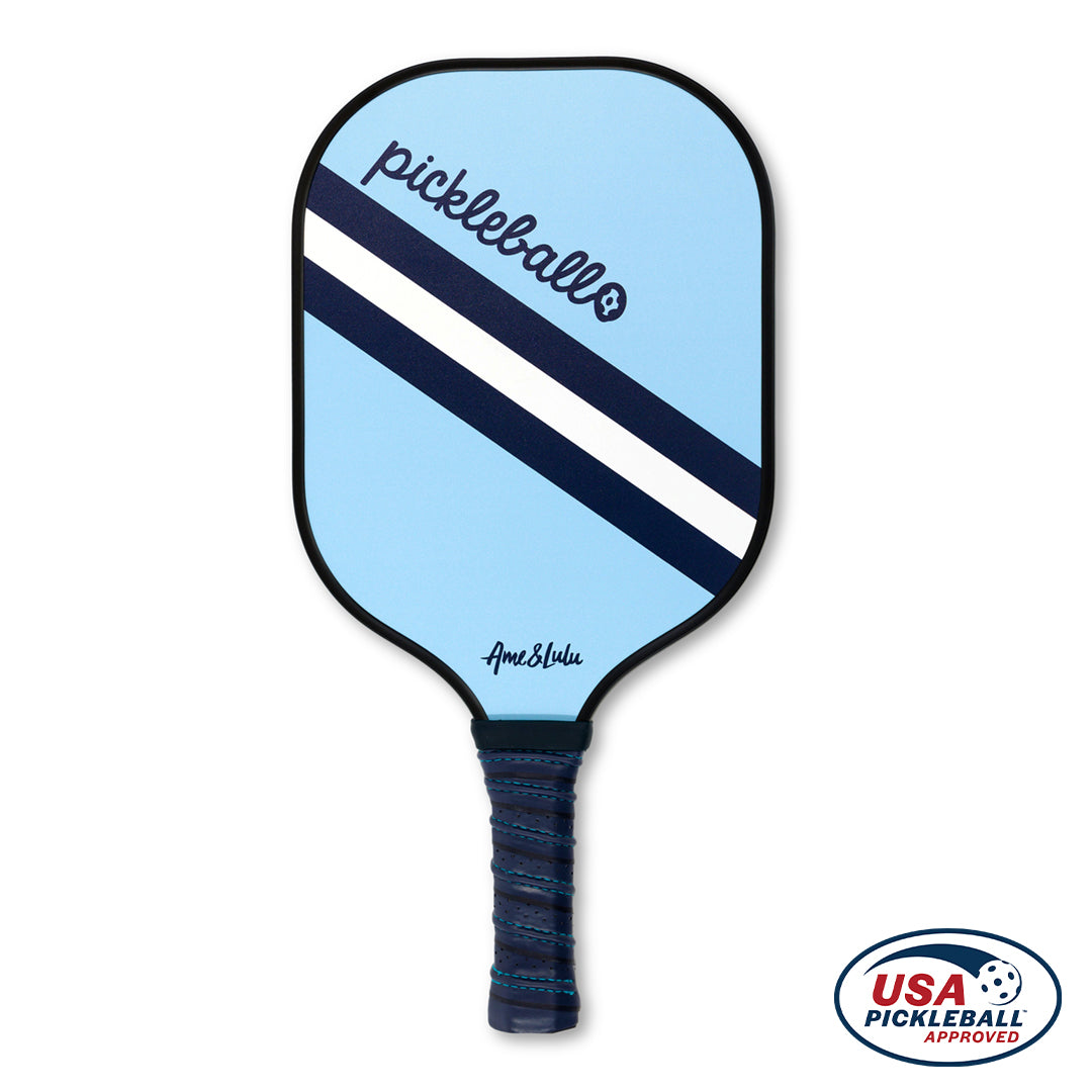light blue pickleball paddle with navy and white racer stripe and pickleball text in cursive
