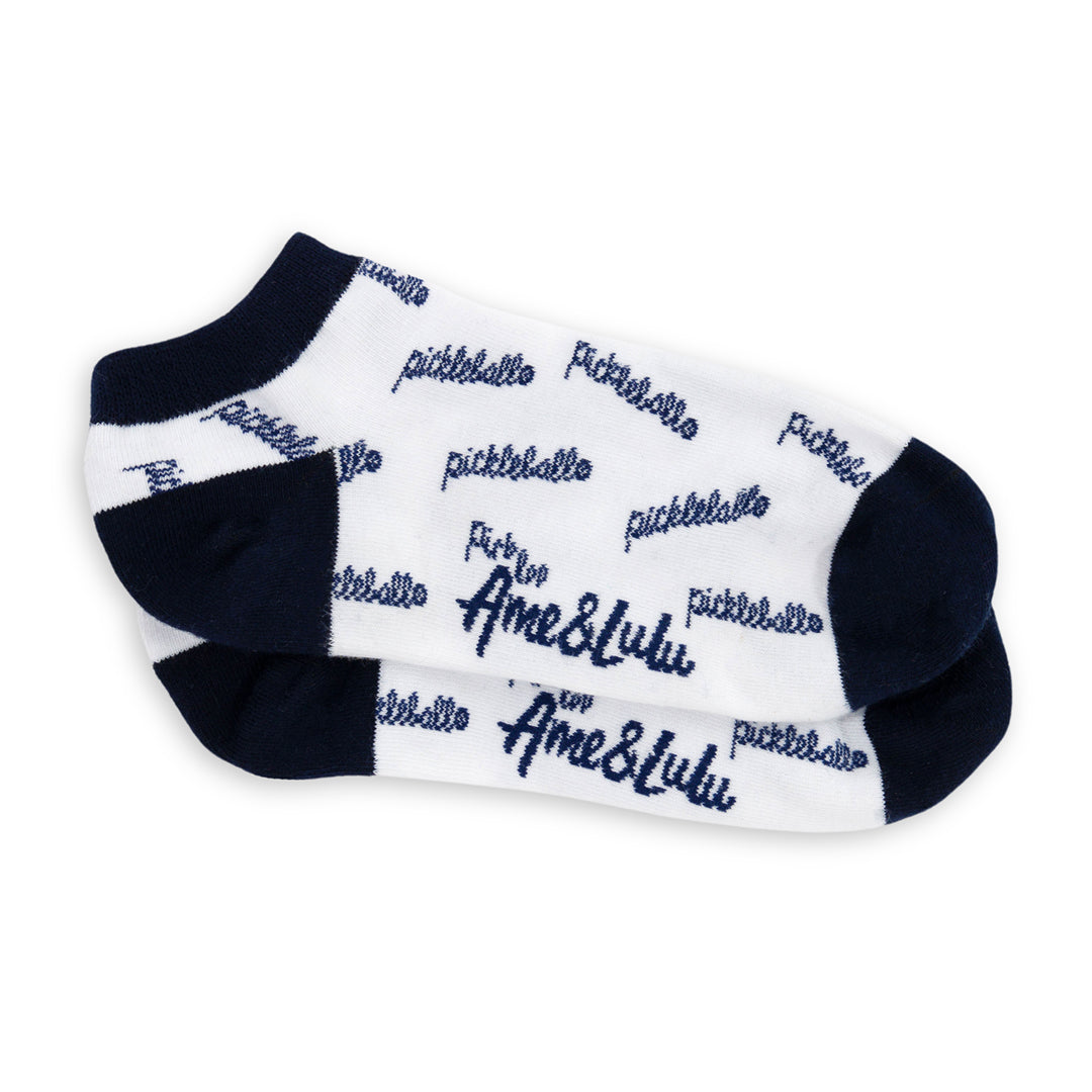 white ankle socks with pickleball script text repeated
