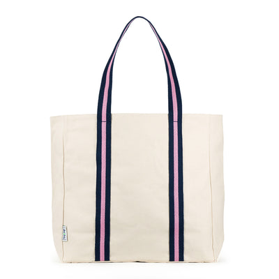 natural canvas tote with pink and navy cotton webbing straps