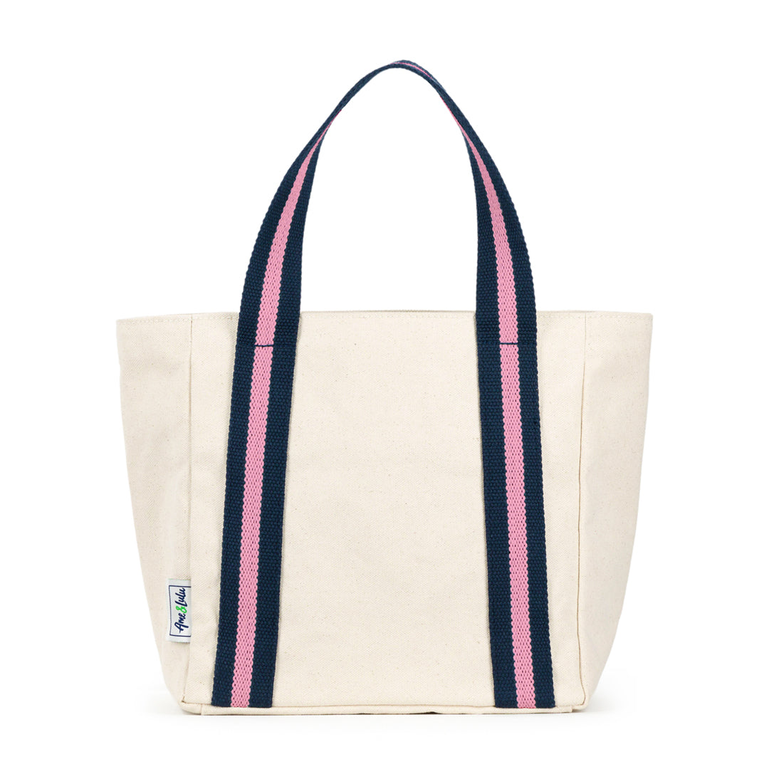 mini natural canvas tote with pink and navy cotton webbing straps