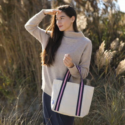 mini natural canvas tote with pink and navy cotton webbing straps