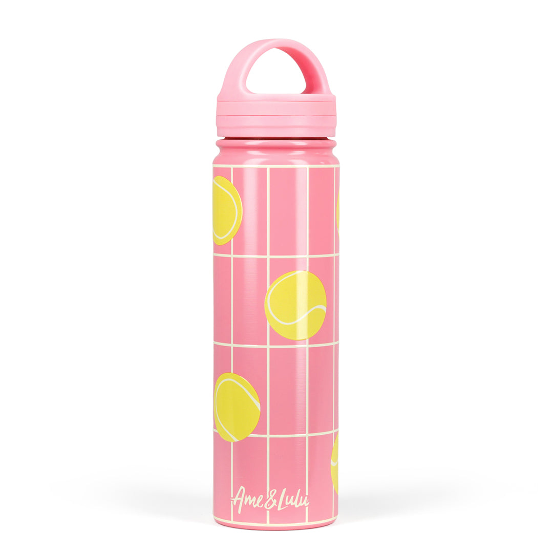 coral water bottle with yellow tennis ball and yellow grid line pattern