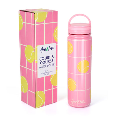 coral water bottle with yellow tennis ball and yellow grid line pattern with the matching packaging box next to it