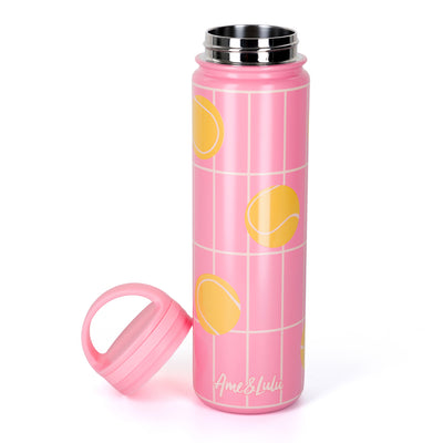 coral water bottle with yellow tennis ball pattern on it with the cap off to show stainless steel interior