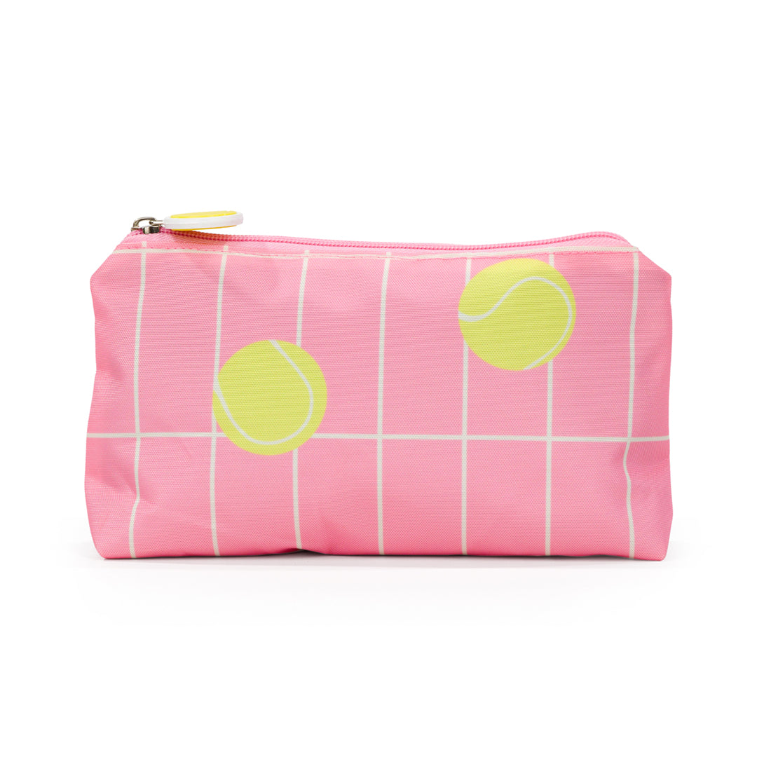 Front view of coral everyday pouch. Pouch is printed with cream grid pattern and yellow tennis balls.