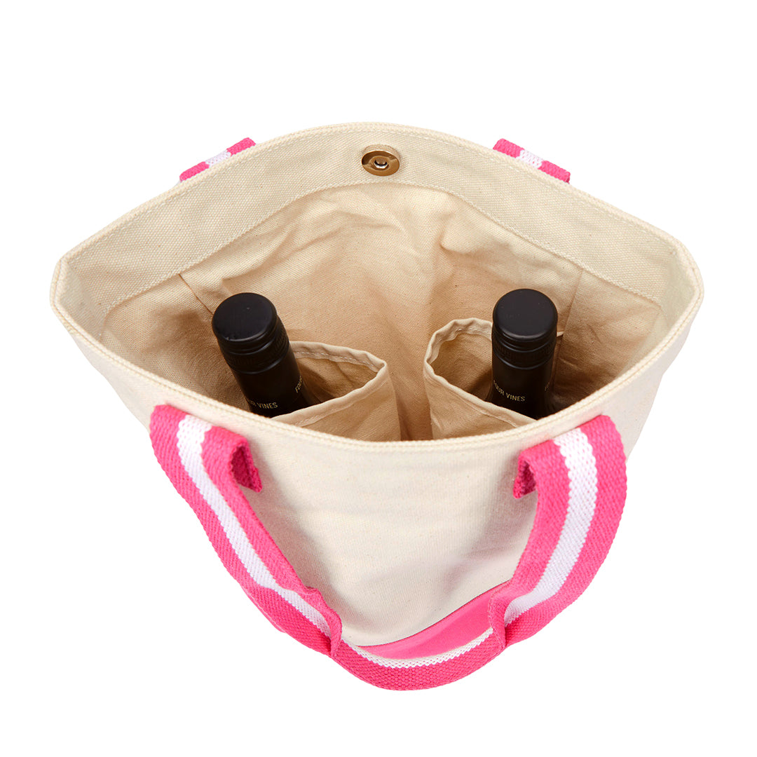 natural canvas wine tote with hot pink and white cotton webbing straps and hot pink canvas at the bottom