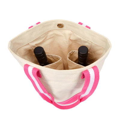 natural canvas wine tote with hot pink and white cotton webbing straps and hot pink canvas at the bottom