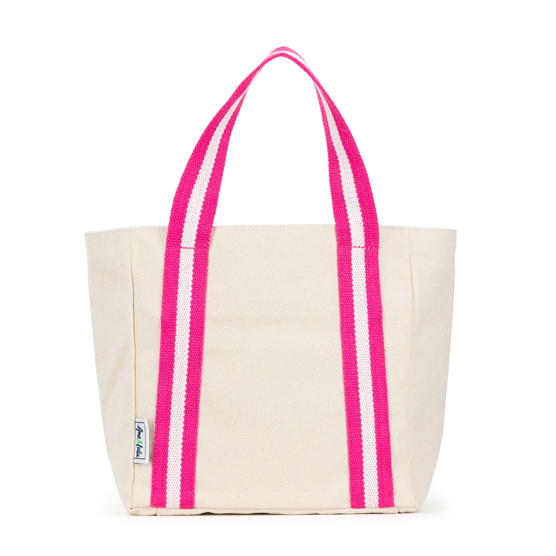 mini natural canvas tote with hot pink and white cotton webbing straps