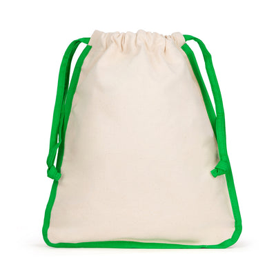 back view of natural canvas shoe bag with green trim and the word "birdie" embroidered on the front in green.