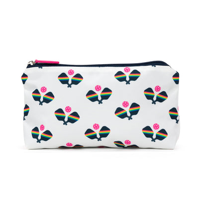 nylon cosmetic bag with a repeat pattern of navy crossed pickleball paddles that have rainbow stripes and a pink pickleball in between the paddles