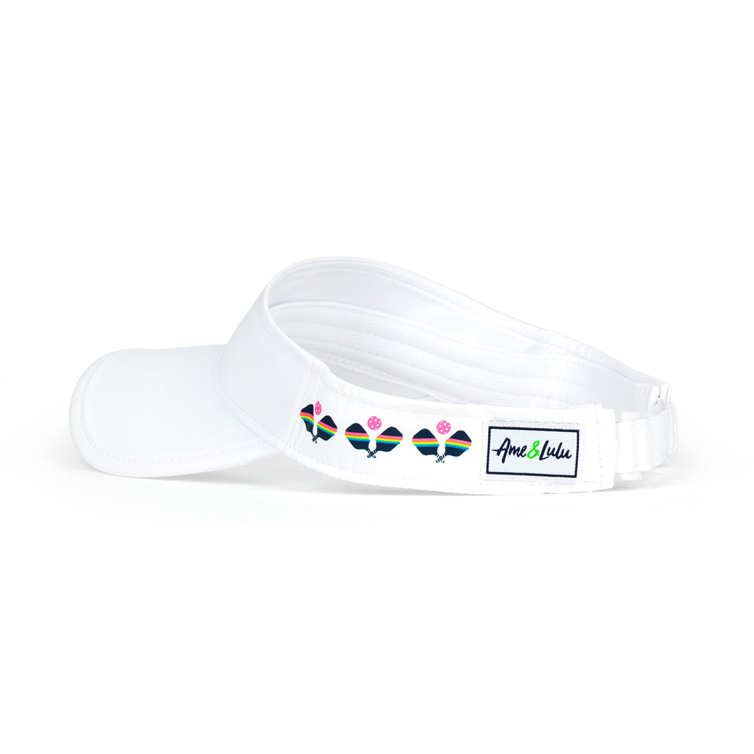 white visor with navy rainbow crossed paddle pattern repeat