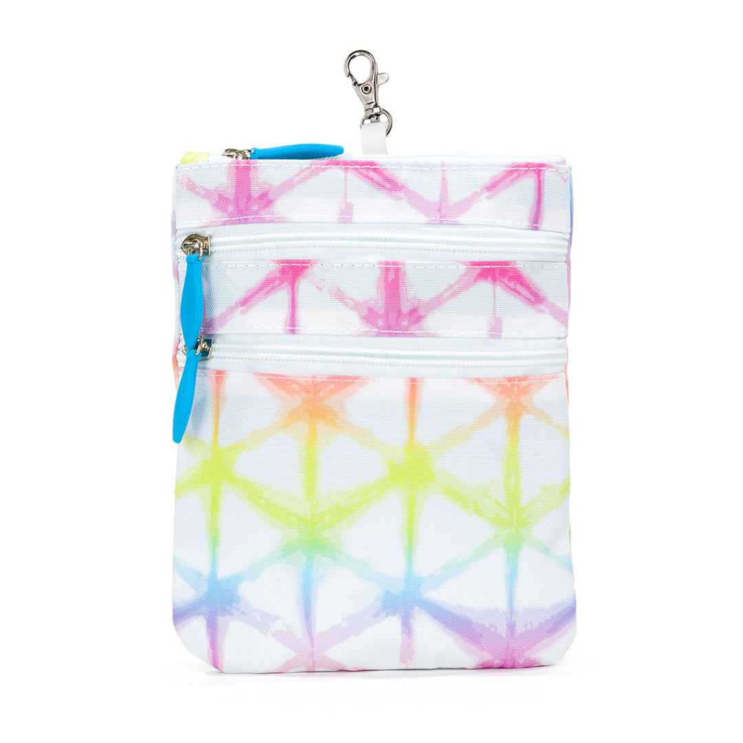 front view of white small pouch with rainbow tie dye pattern and blue zippers