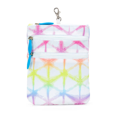 front view of white small pouch with rainbow tie dye pattern and blue zippers