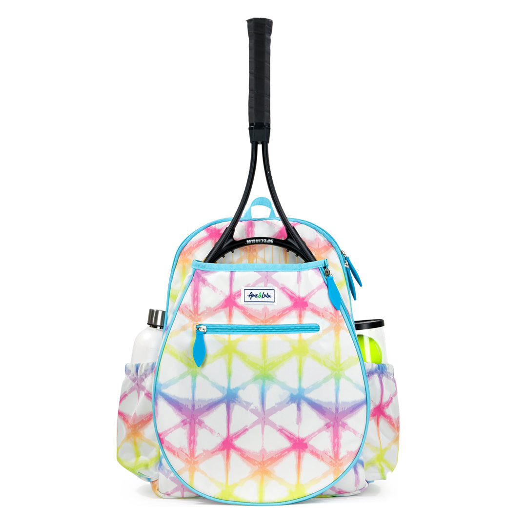 Front view of white kids tennis backpack with rainbow shibori tie dye pattern.