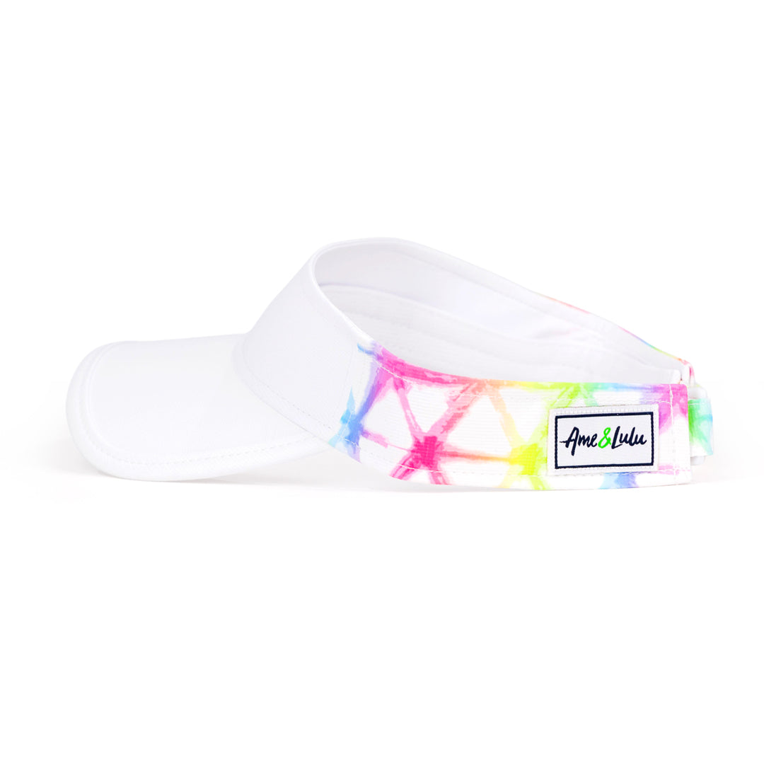 Side view of white kids visor with rainbow tie dye pattern on the sides.