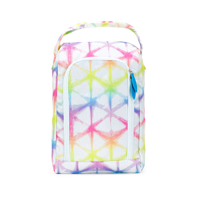 front view of white and rainbow tie dye shoe bag
