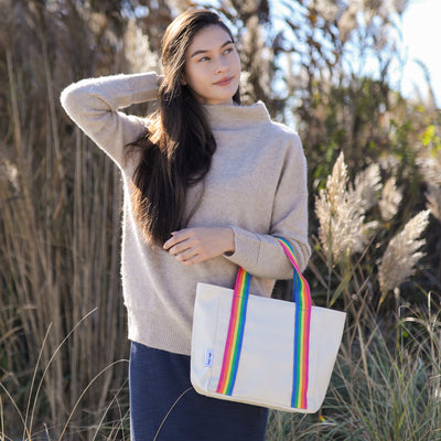 mini natural canvas tote with rainbow striped cotton webbing straps