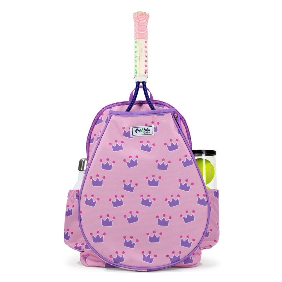 Front view of light pink kids tennis backpack with purple trim and purple crown repeating pattern