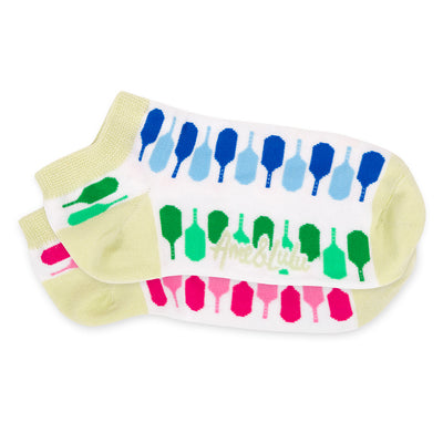 Pair of womens socks in white with light green trim and rainbow paddles stitched on it. Paddles are in the colors blue, green, pink and orange.