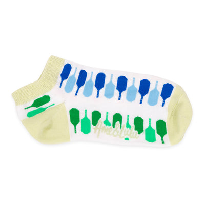 Pair of womens socks in white with light green trim and rainbow paddles stitched on it. Paddles are in the colors blue, green, pink and orange.