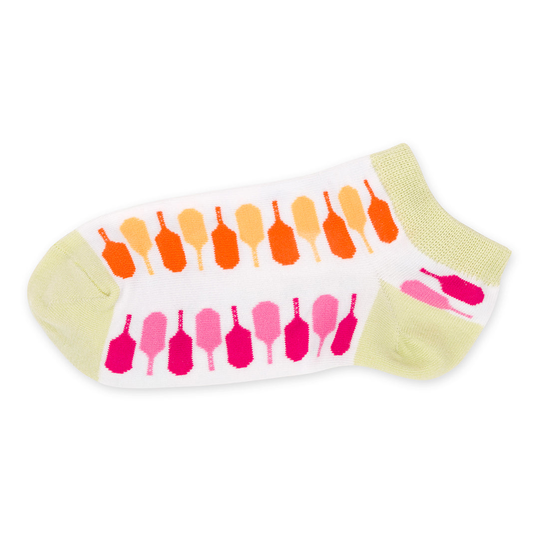 Pair of womens socks in white with light green trim and rainbow paddles stitched on it. Paddles are in the colors blue, green, pink and orange.