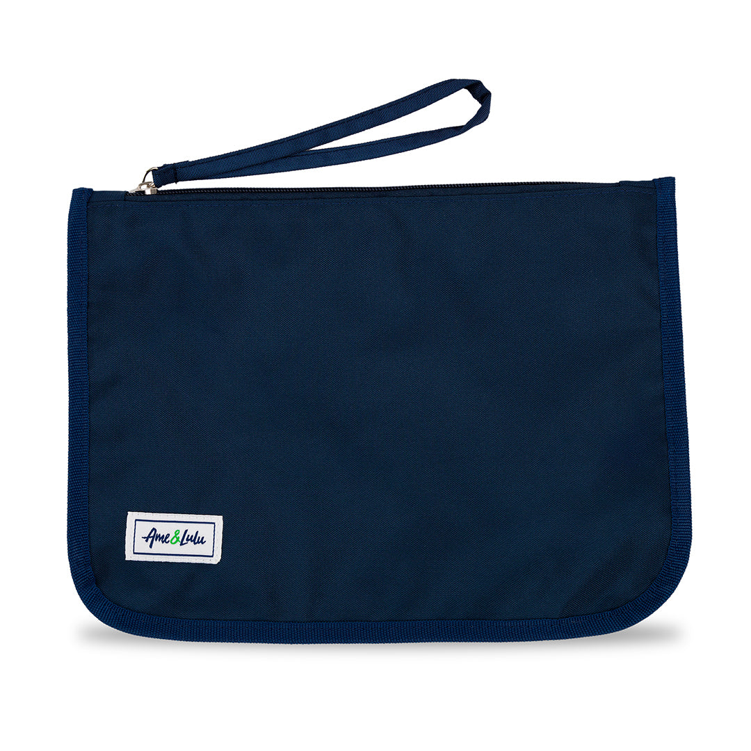 front view of navy shore thing wet dry bag with navy wrist strap