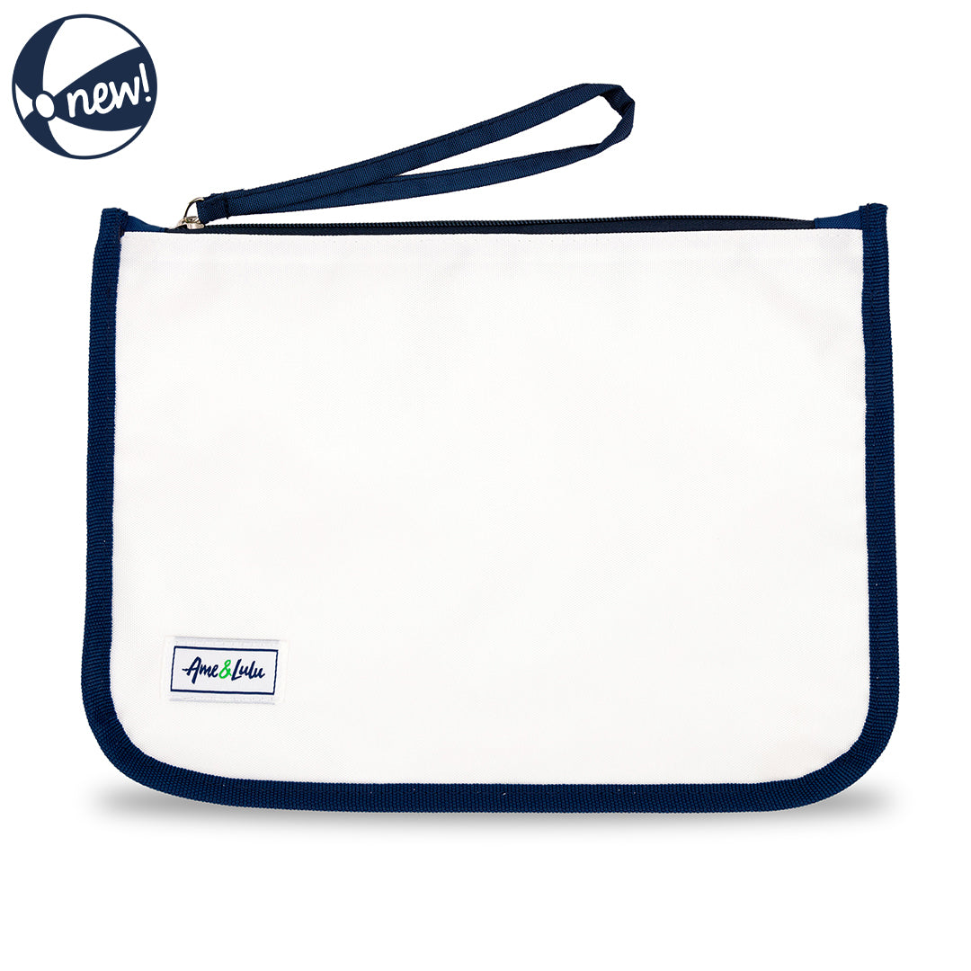 front view of white wet dry bag with navy wrist strap and navy trim
