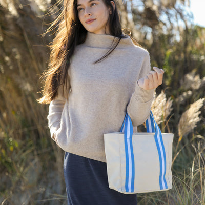 mini natural canvas tote with blue and white cotton webbing straps