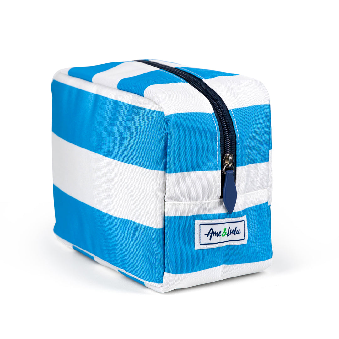 blue and white striped nylon pouch