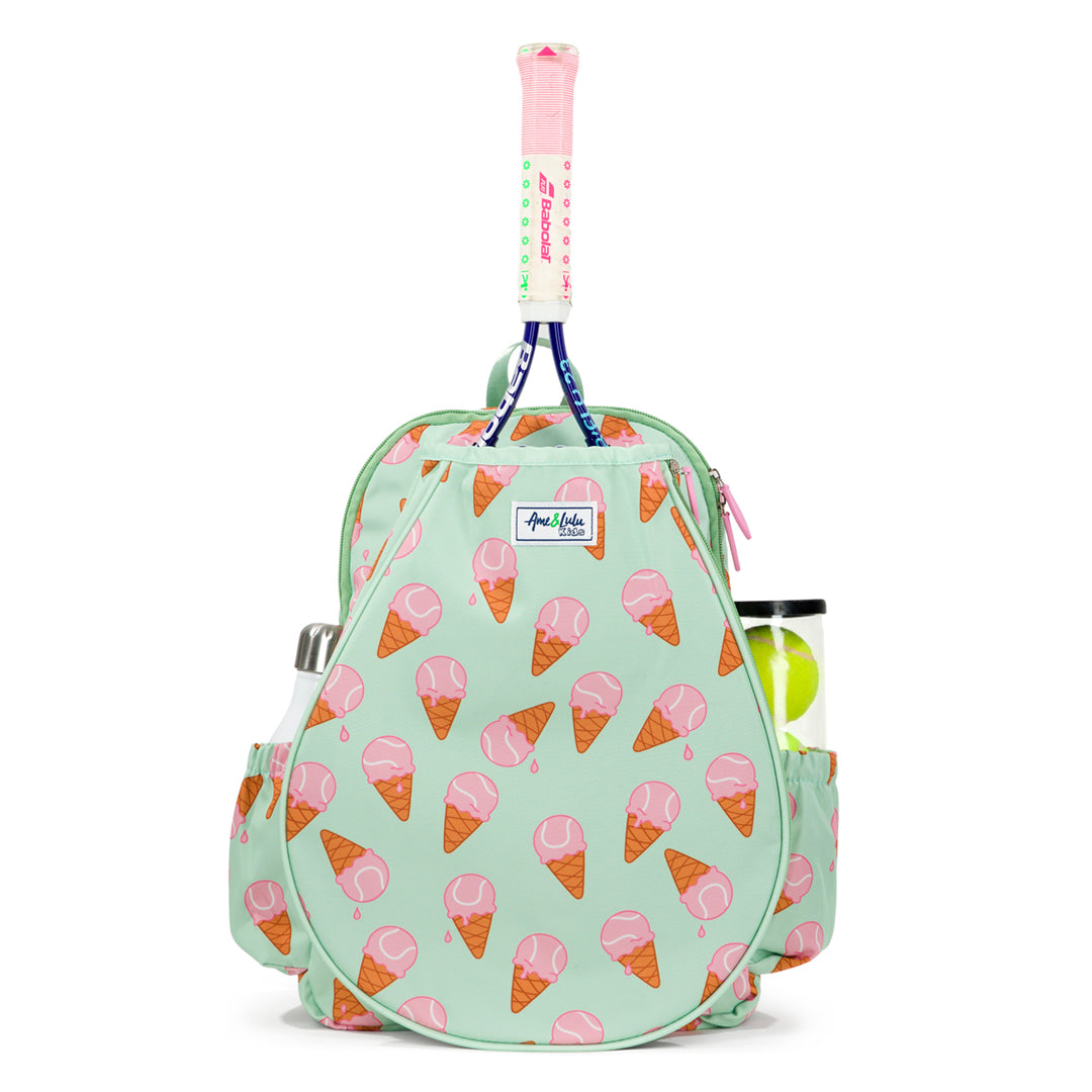 Front view of mint green kids tennis backpack with pink ice cream tennis balls pattern