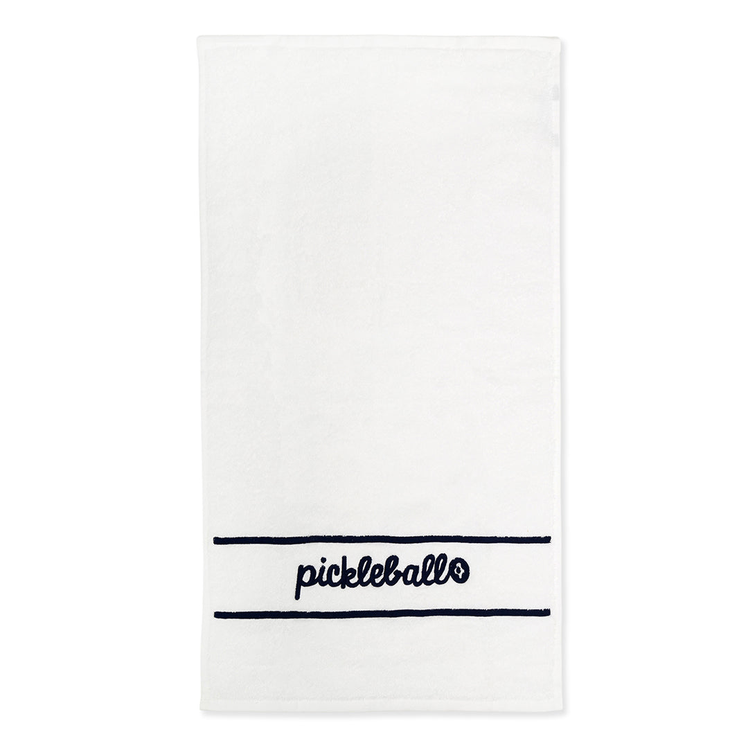 White terry towel laying flat on white background with navy stripes and the word pickleball embroidered on it