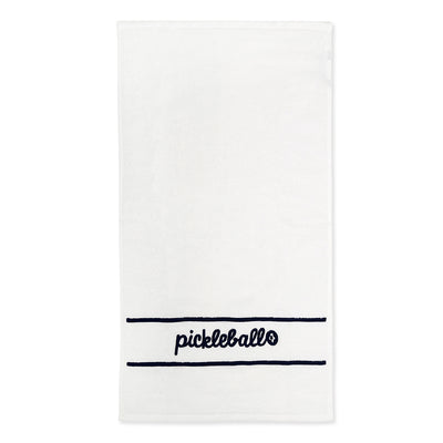 White terry towel laying flat on white background with navy stripes and the word pickleball embroidered on it