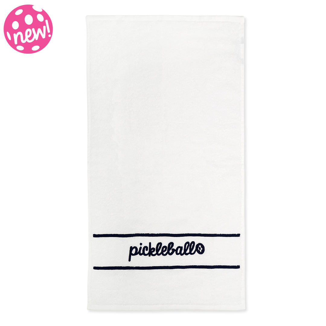 White terry towel laying flat on white background with navy stripes and the word pickleball embroidered on it