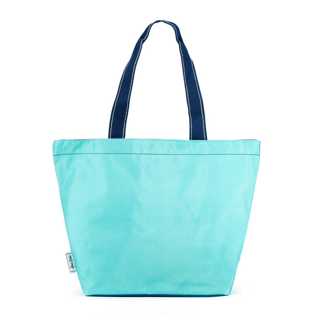 aqua nylon tote bag with navy straps