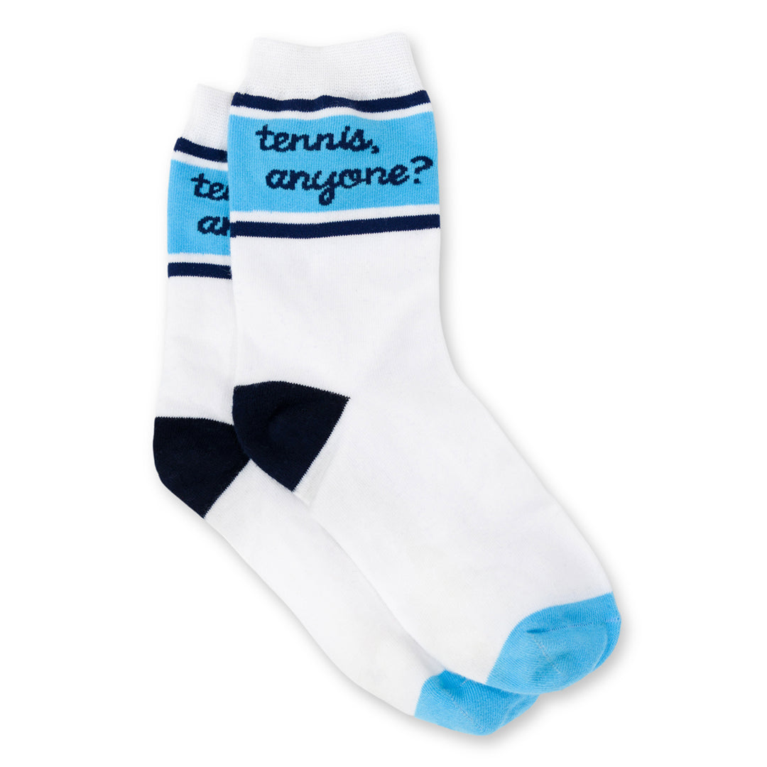a pair of white socks with navy heel and blue toes. Navy and blue stripes wrap around ankle of sock with the text tennis anyone in cursive font