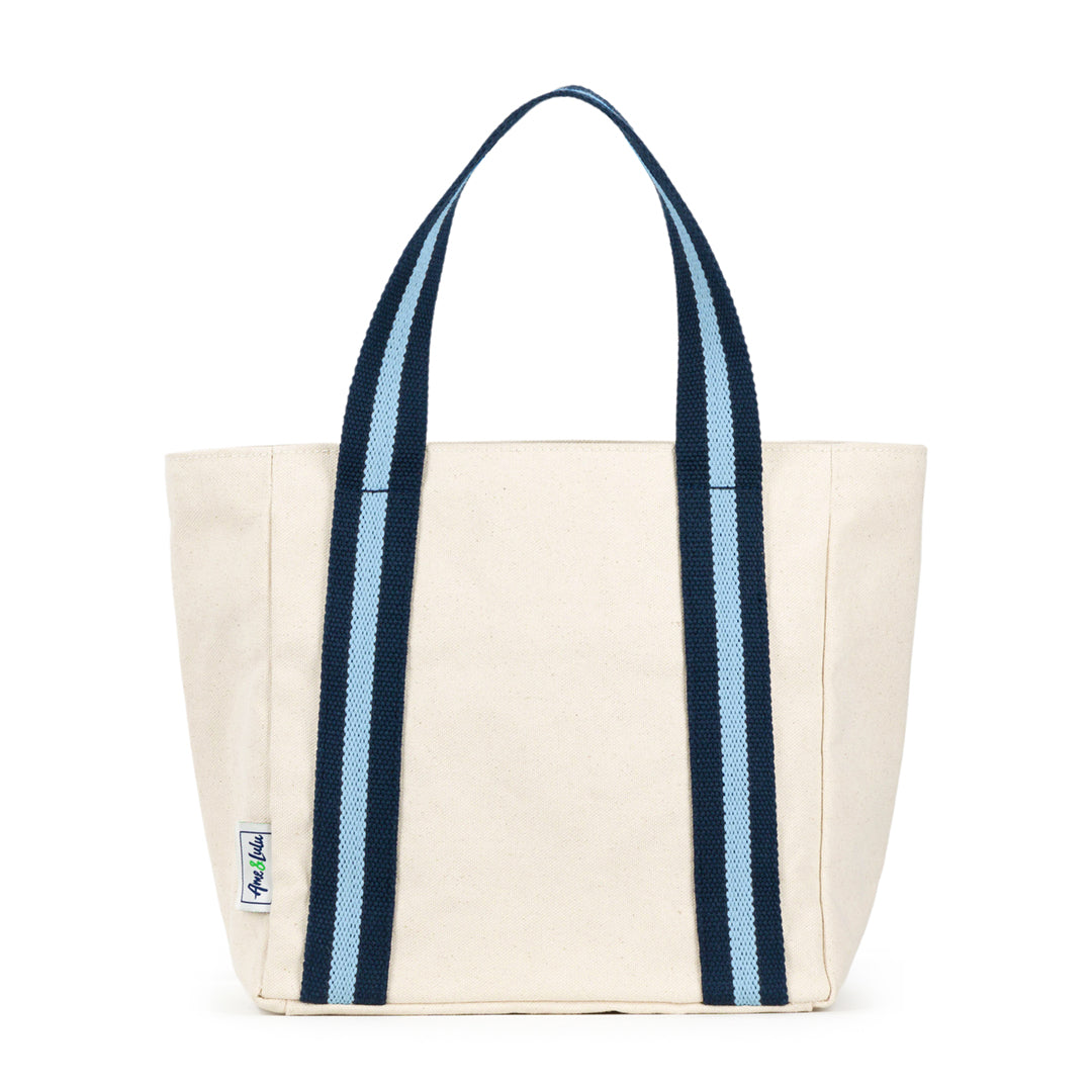 mini natural canvas tote with light blue and navy cotton webbing straps