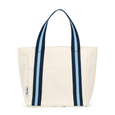 mini natural canvas tote with light blue and navy cotton webbing straps