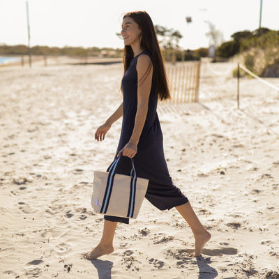 mini natural canvas tote with light blue and navy cotton webbing straps