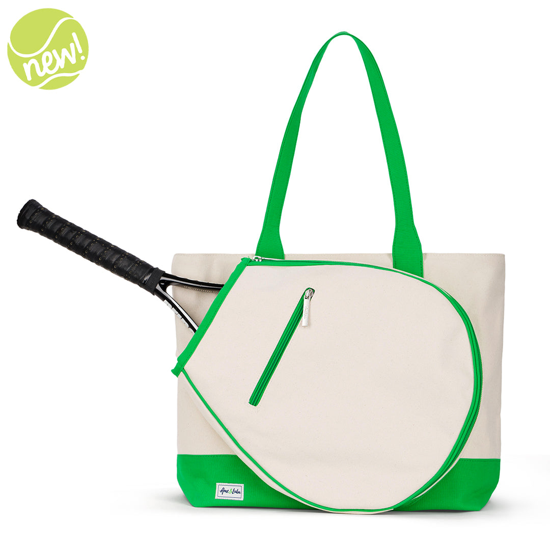 Natural canvas tennis tote with bright green trim, handles and bottom panel. Front pocket holds tennis racquets.