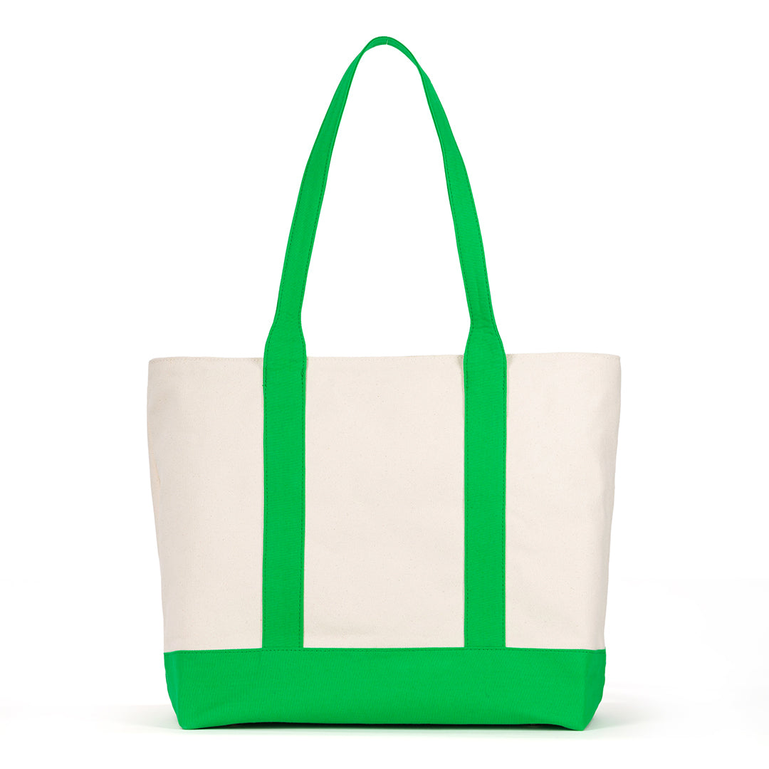 Natural canvas tennis tote with bright green trim, handles and bottom panel. Front pocket holds tennis racquets.