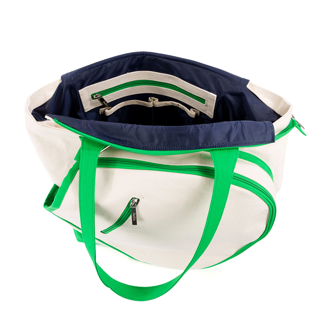 Natural canvas tennis tote with bright green trim, handles and bottom panel. Front pocket holds tennis racquets.